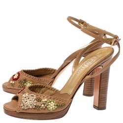 Pre Owned Valentino Tan Floral Applique Leather Wooden Heel Ankle Strap Sandals Size 35