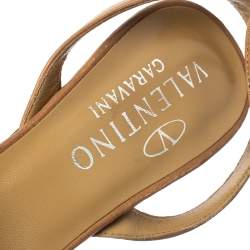 Pre Owned Valentino Tan Floral Applique Leather Wooden Heel Ankle Strap Sandals Size 35