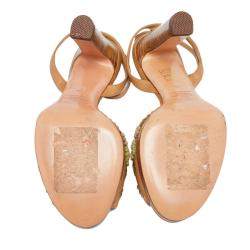 Pre Owned Valentino Tan Floral Applique Leather Wooden Heel Ankle Strap Sandals Size 35