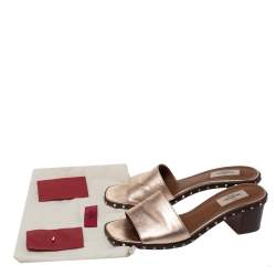 Pre Owned Valentino Metallic Bronze Leather Soul Rockstud Slide Sandals Size 39