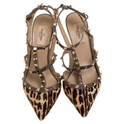 Pre Owned Valentino Taupe Grey/Brown Leopard Print Calfhair and Leather Rockstud Caged Sandals Size 40