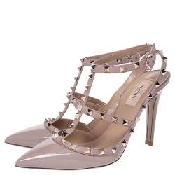 Pre Owned Valentino Beige Patent Leather Rockstud Strappy Sandals Size 39.5