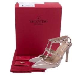 Pre Owned Valentino Beige Patent Leather Rockstud Strappy Sandals Size 39.5