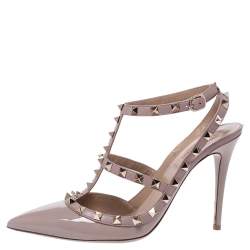 Pre Owned Valentino Beige Patent Leather Rockstud Strappy Sandals Size 39.5