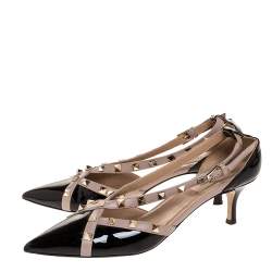 Pre Owned Valentino Black/Beige Patent And Leather Studded Crisscross D'orsay Pumps Size 39