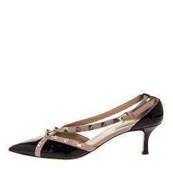 Pre Owned Valentino Black/Beige Patent And Leather Studded Crisscross D'orsay Pumps Size 39