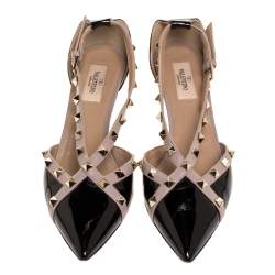 Pre Owned Valentino Black/Beige Patent And Leather Studded Crisscross D'orsay Pumps Size 39