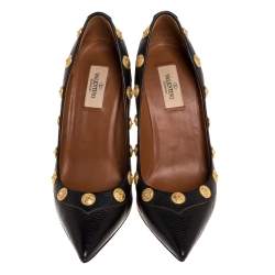 Pre Owned Valentino Black Leather Coin Embellished Pointed Toe Pumps Size 39.5