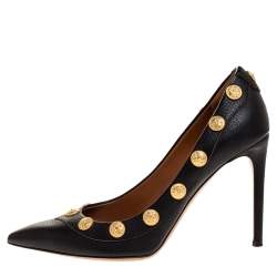 Pre Owned Valentino Black Leather Coin Embellished Pointed Toe Pumps Size 39.5