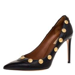 Pre Owned Valentino Black Leather Coin Embellished Pointed Toe Pumps Size 39.5