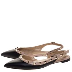 Pre Owned Valentino Black Leather Rockstud Slingback Ballet Flat Size 37.5