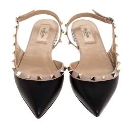 Pre Owned Valentino Black Leather Rockstud Slingback Ballet Flat Size 37.5