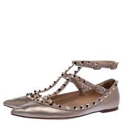 Pre Owned Valentino Metallic Bronze Leather Rockstud Ballet Flats Size 39.5