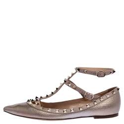 Pre Owned Valentino Metallic Bronze Leather Rockstud Ballet Flats Size 39.5