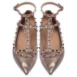 Pre Owned Valentino Metallic Bronze Leather Rockstud Ballet Flats Size 39.5