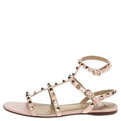 Pre Owned Valentino Pink Patent Leather Rockstud Cage Flat Sandals Size 38.5
