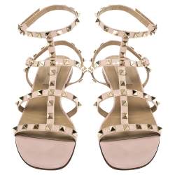 Pre Owned Valentino Pink Patent Leather Rockstud Cage Flat Sandals Size 38.5