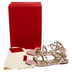 Pre Owned Valentino Pink Patent Leather Rockstud Cage Flat Sandals Size 38.5