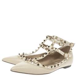 Pre Owned Valentino Off White Leather Rockstud Ankle Strap Ballet Flats Size 37.5