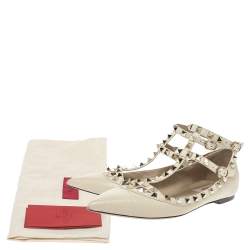 Pre Owned Valentino Off White Leather Rockstud Ankle Strap Ballet Flats Size 37.5