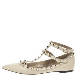 Pre Owned Valentino Off White Leather Rockstud Ankle Strap Ballet Flats Size 37.5