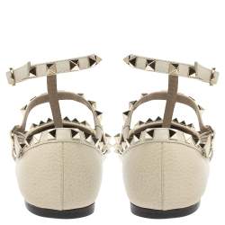 Pre Owned Valentino Off White Leather Rockstud Ankle Strap Ballet Flats Size 37.5