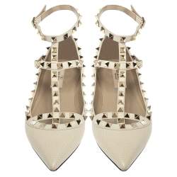 Pre Owned Valentino Off White Leather Rockstud Ankle Strap Ballet Flats Size 37.5