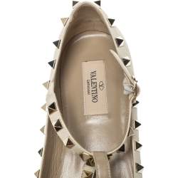 Pre Owned Valentino Off White Leather Rockstud Ankle Strap Ballet Flats Size 37.5
