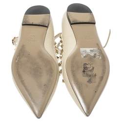 Pre Owned Valentino Off White Leather Rockstud Ankle Strap Ballet Flats Size 37.5