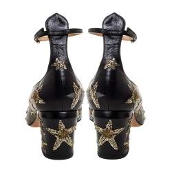 Pre Owned Valentino Black Leather Star Embroidered Tango Pumps Size 39.5