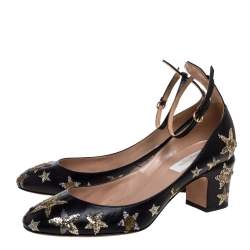 Pre Owned Valentino Black Leather Star Embroidered Tango Pumps Size 39.5