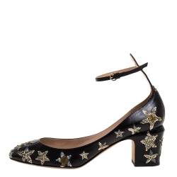 Pre Owned Valentino Black Leather Star Embroidered Tango Pumps Size 39.5