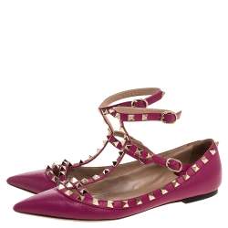 Pre Owned Valentino Pink Leather Rockstud Ankle Cuff Ballet Flats Size 37.5