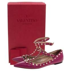 Pre Owned Valentino Pink Leather Rockstud Ankle Cuff Ballet Flats Size 37.5