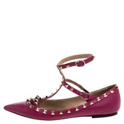 Pre Owned Valentino Pink Leather Rockstud Ankle Cuff Ballet Flats Size 37.5