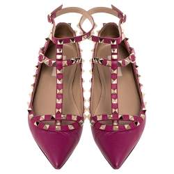 Pre Owned Valentino Pink Leather Rockstud Ankle Cuff Ballet Flats Size 37.5
