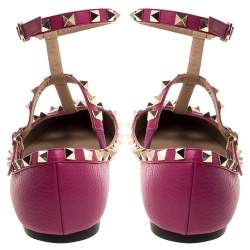 Pre Owned Valentino Pink Leather Rockstud Ankle Cuff Ballet Flats Size 37.5