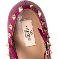 Pre Owned Valentino Pink Leather Rockstud Ankle Cuff Ballet Flats Size 37.5