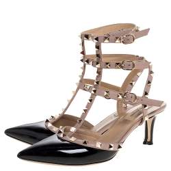 Pre Owned صندل فالنتينو طراز قفصي مرصع روكستد جلد لامع أسود و حواف جلد بيج مقاس 39