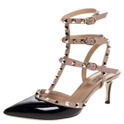 Pre Owned صندل فالنتينو طراز قفصي مرصع روكستد جلد لامع أسود و حواف جلد بيج مقاس 39