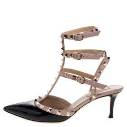 Valentino Black/Beige Patent And Leather Trim Caged Rockstud Sandals Size 39