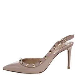 Pre Owned Valentino Beige Patent Leather Rockstud Slingback Sandals Size 37.5