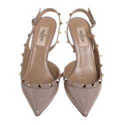 Pre Owned Valentino Beige Patent Leather Rockstud Slingback Sandals Size 37.5