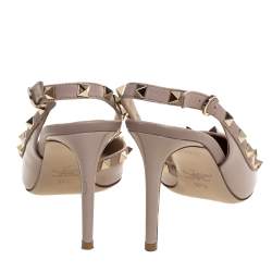 Pre Owned Valentino Beige Patent Leather Rockstud Slingback Sandals Size 37.5