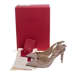 Pre Owned Valentino Beige Patent Leather Rockstud Slingback Sandals Size 37.5