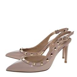 Pre Owned Valentino Beige Patent Leather Rockstud Slingback Sandals Size 37.5