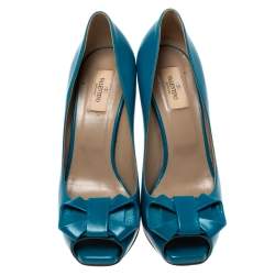 Pre Owned Valentino Blue Leather Bow Detail Peep Toe Pumps Size 40