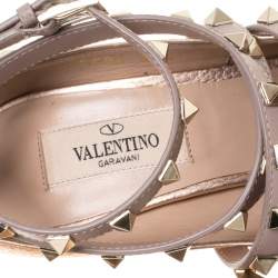 Pre Owned Valentino Metallic Beige Leather Studded Strappy Pointed Toe Pumps Size 37.5