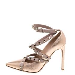 Pre Owned Valentino Metallic Beige Leather Studded Strappy Pointed Toe Pumps Size 37.5