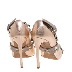 Pre Owned Valentino Metallic Beige Leather Studded Strappy Pointed Toe Pumps Size 37.5